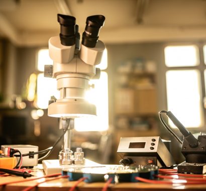 Modern microscope, connectors component and large green microcircuit in workshop laboratory